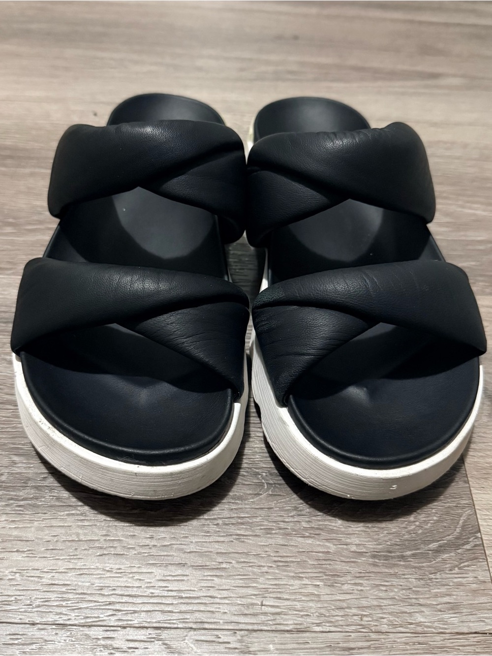 Sorel Black and White Padded Strap Slide Sandals
